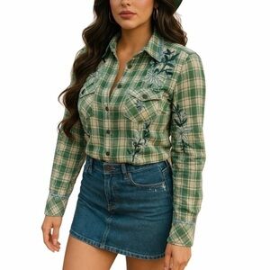 Driftwood Green Embroidered Plaid Western Cowgirl Snap Shirt S